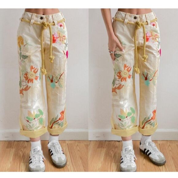 We The Free Free People Women's Size 10 Yellow Embroidered Floral Jeans - Picture 1 of 11